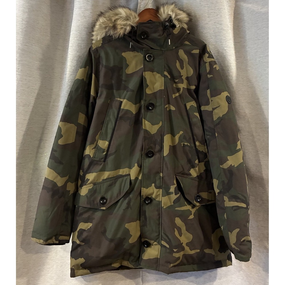 Polo Ralph Lauren Green Camo Fur Hoodie Puffer Jacket Size XL Preppy